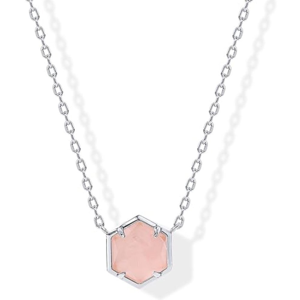 14K White Gold Rose Quartz Gemstone Pendant Necklace Dainty Chain